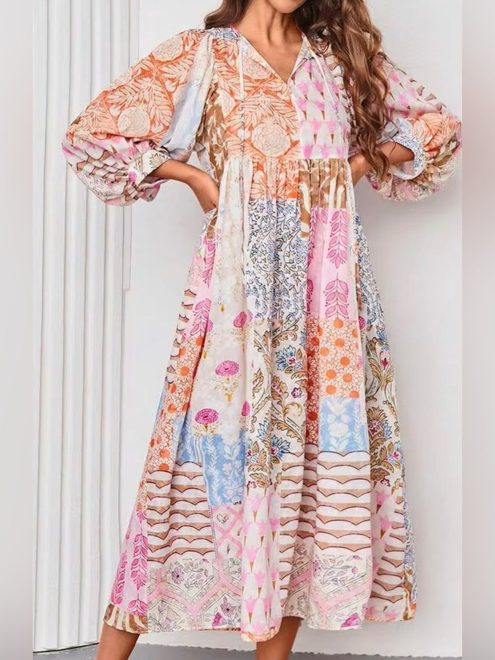 SHEIN Boho Floral Patchwork Maxi Dress Size S Pink Orange Lantern Sleeve V-Neck